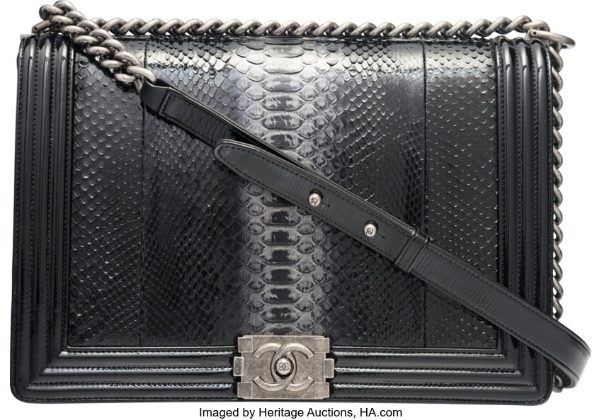 Chanel Shiny Black Python & Patent Leather Large Boy Bag with, Lot #58018