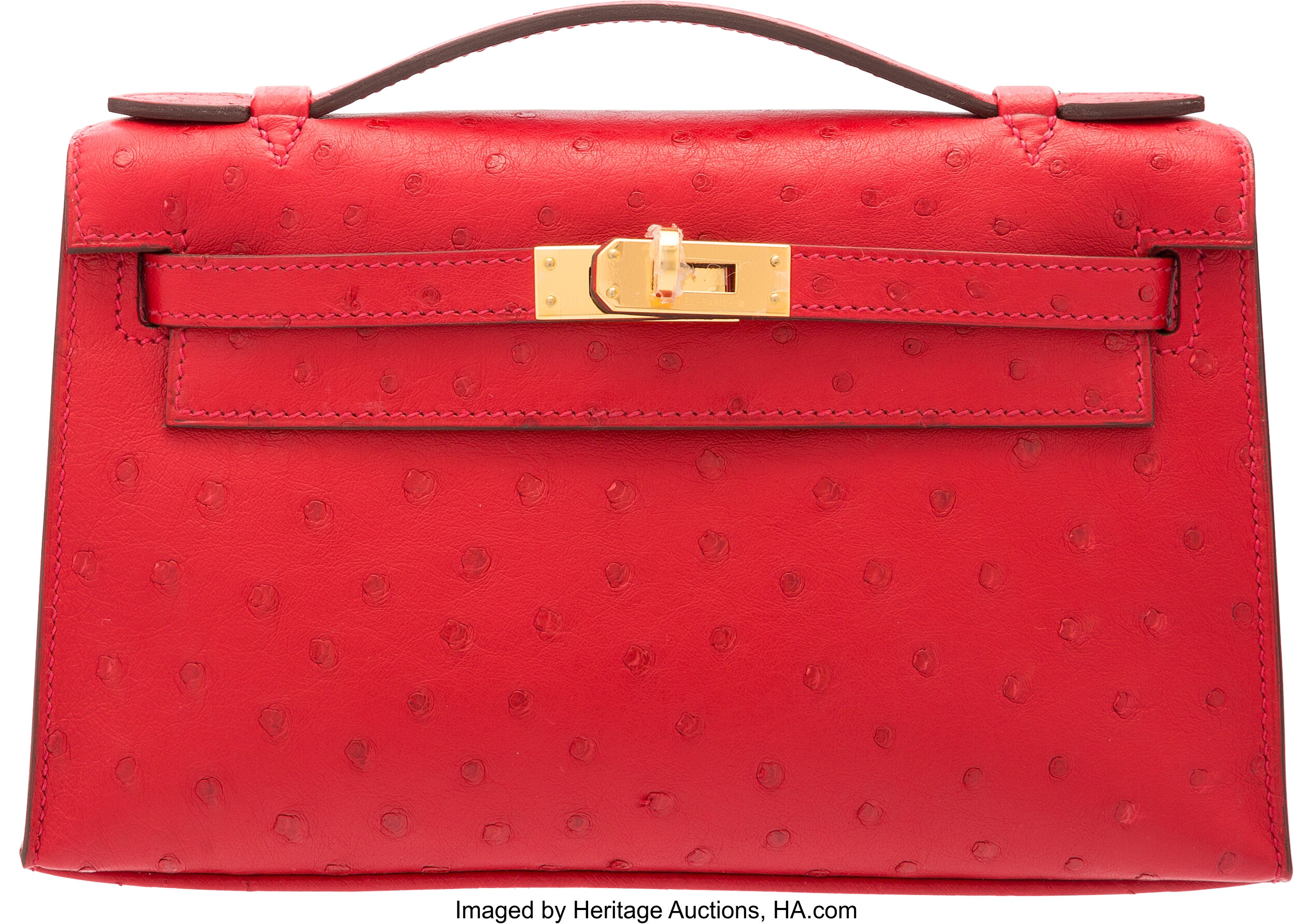 Hermes Rouge Vif Ostrich Kelly Pochette Bag with Gold Hardware. A