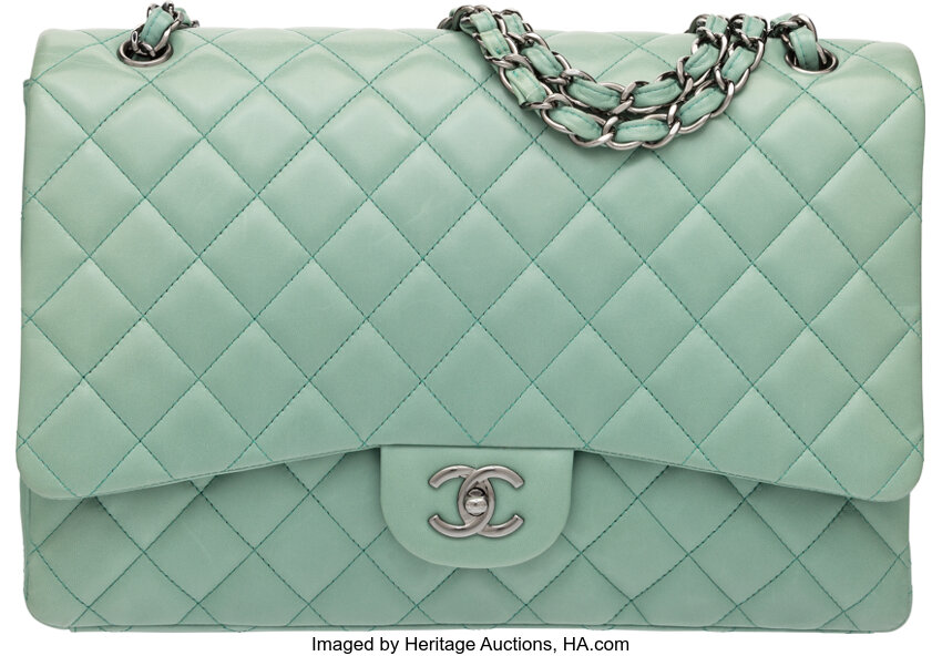 Chanel Mint Green Lambskin Leather Maxi Single Flap Bag with Shiny