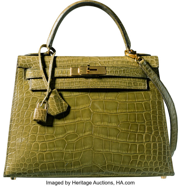 Hermes 28cm Shiny Vert Chartreuse Alligator Sellier Kelly Bag with, Lot  #58101