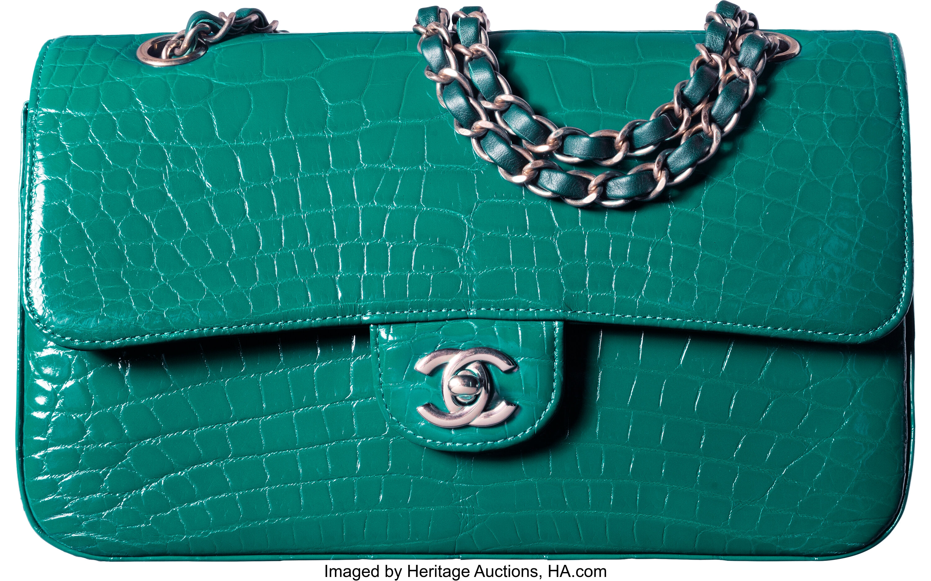 A SHINY GREEN ALLIGATOR MEDIUM DOUBLE FLAP BAG WITH GOLD HARDWARE