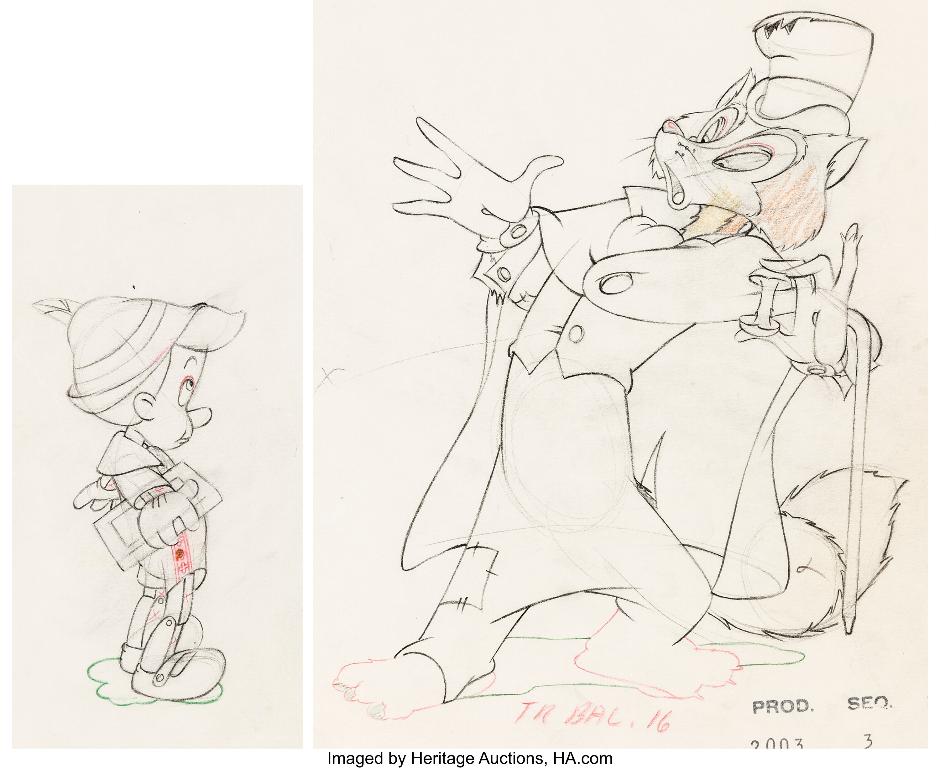 Pinocchio Foulfellow Meets Pinocchio Animation Drawing Group of 2 | Lot ...