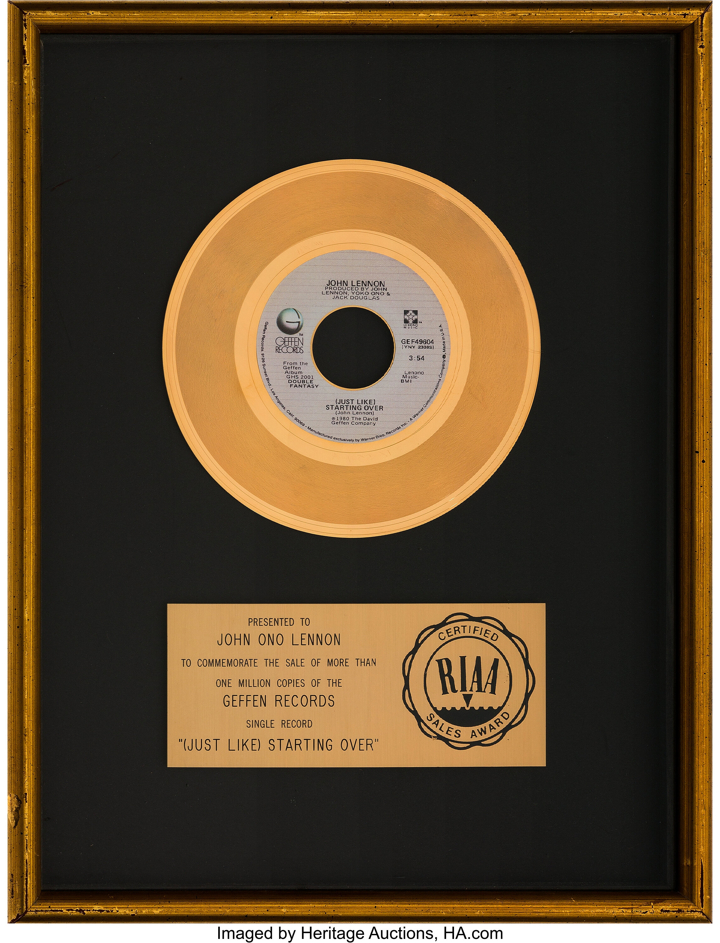 John Lennon Just Like Starting Over Riaa Gold Record Award Lot 3 Heritage Auctions