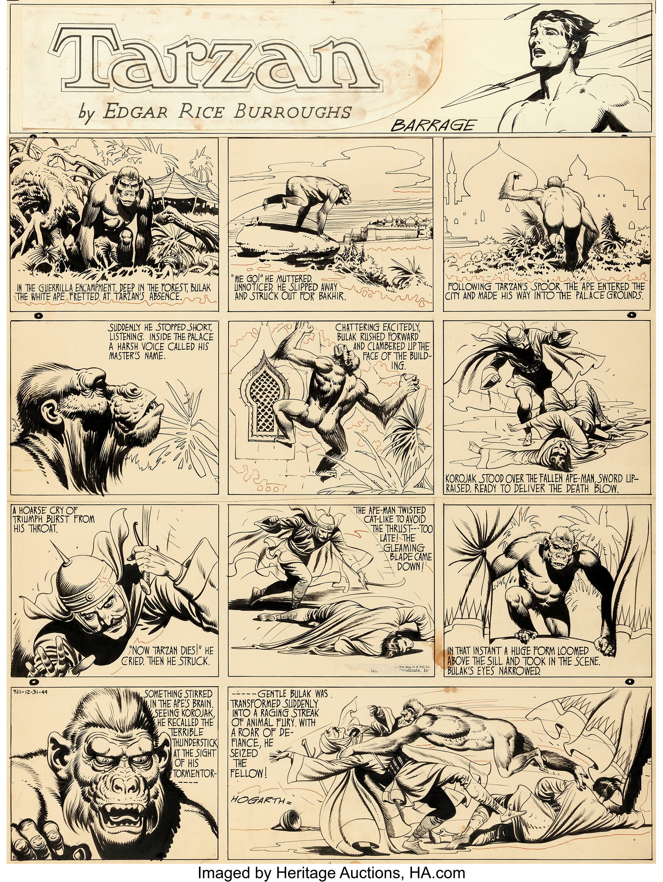 Burne Hogarth Tarzan #721 Sunday Comic Strip Original Art dated | Lot ...