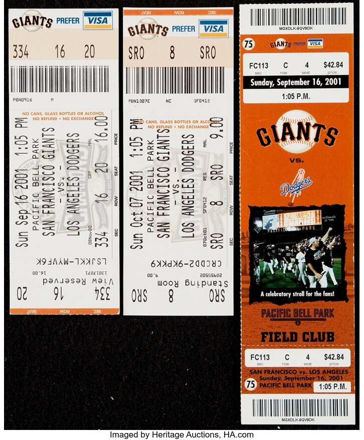 SAN FRANCISCO GIANTS 2001 Unused Ticket Panel Tie Breaker Games 1&2 🎟⚾️