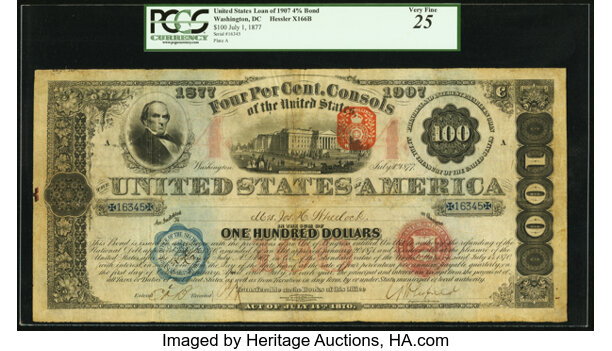 United States 1877 4 Loan Of 1907 100 Consols Bond Lot 20019 - large size federal proofs united states 1877 4 loan of 1907 100 consols