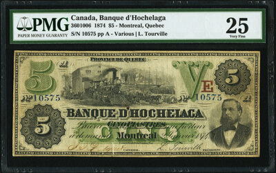 Montreal, PQ- Banque D'Hochelaga: $5 Jan. 2, 1874 Ch. # 360-10-06