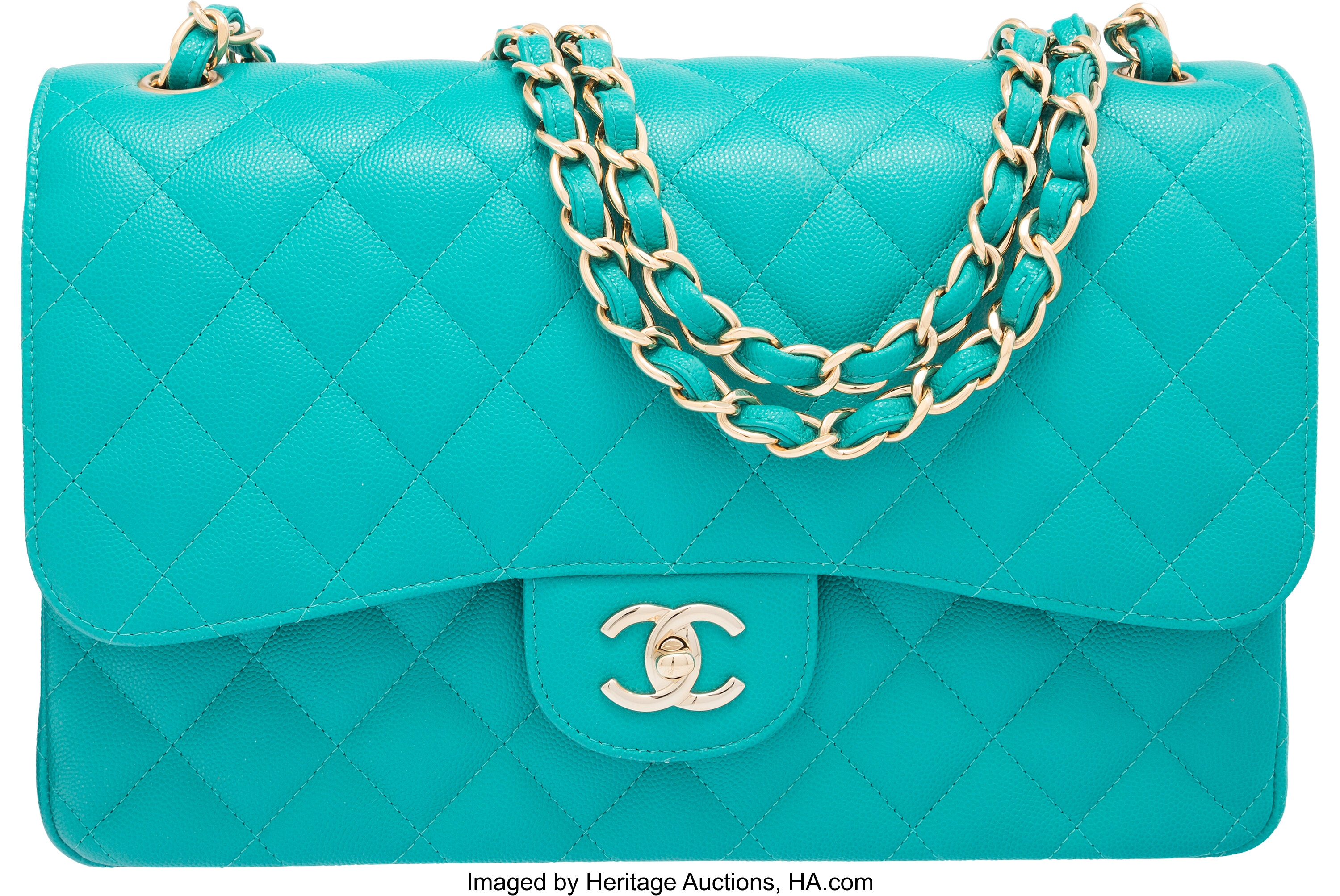 Chanel Turquoise Quilted Caviar Leather Jumbo Classic Double Flap, Lot  #58080