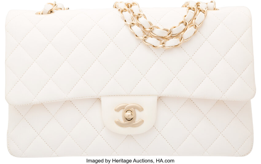 Chanel White Quilted Lambskin Leather Medium Classic Double Flap