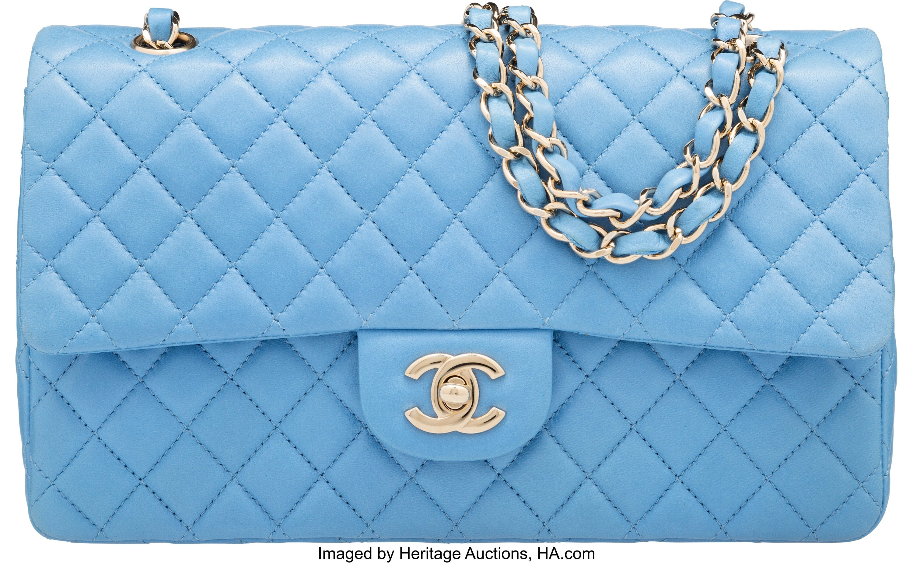 Chanel Blue Quilted Lambskin Leather Medium Single Flap Bag with, Lot  #58082