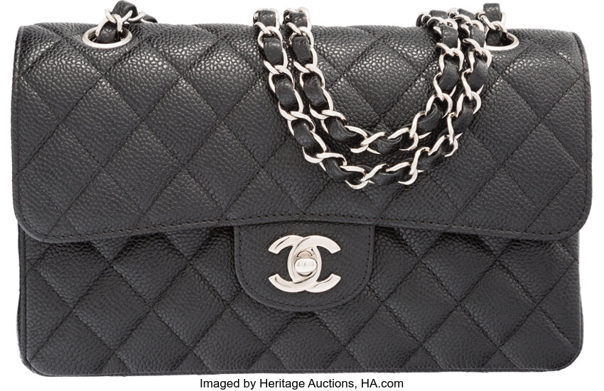 Chanel Gray Quilted Caviar Leather Medium Double Flap Bag with, Lot #58280