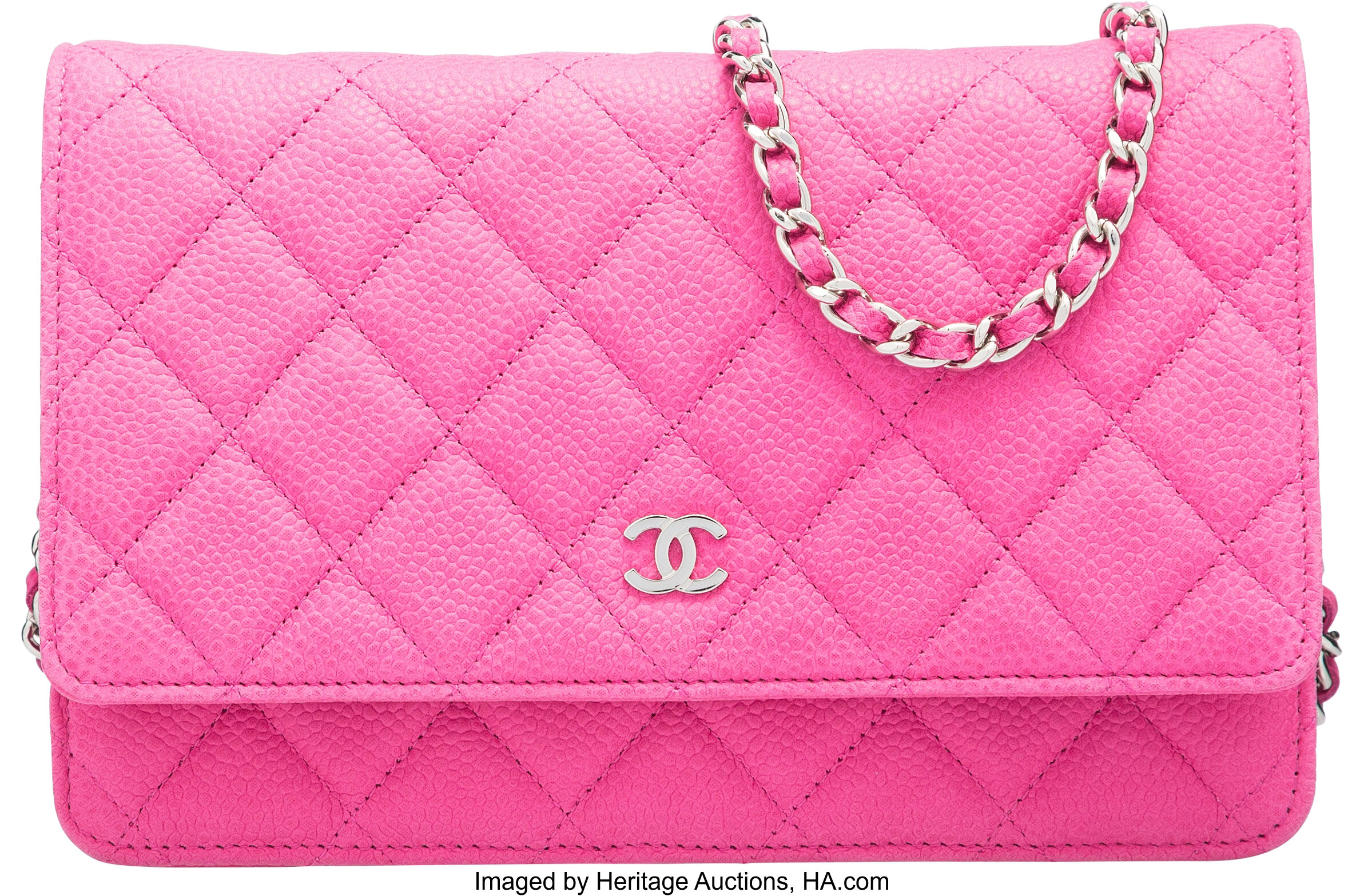 Chanel Matte Pink Quilted Caviar Leather Wallet on Chain Bag., Lot #58011