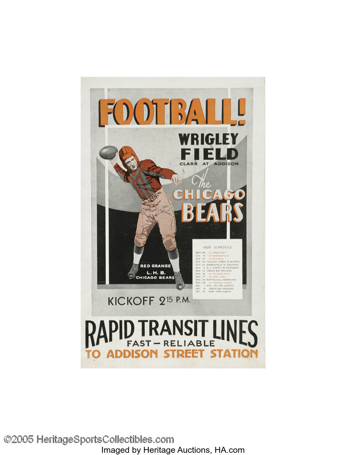 1929 Chicago Bears Schedule Broadside with Red Grange. Before the