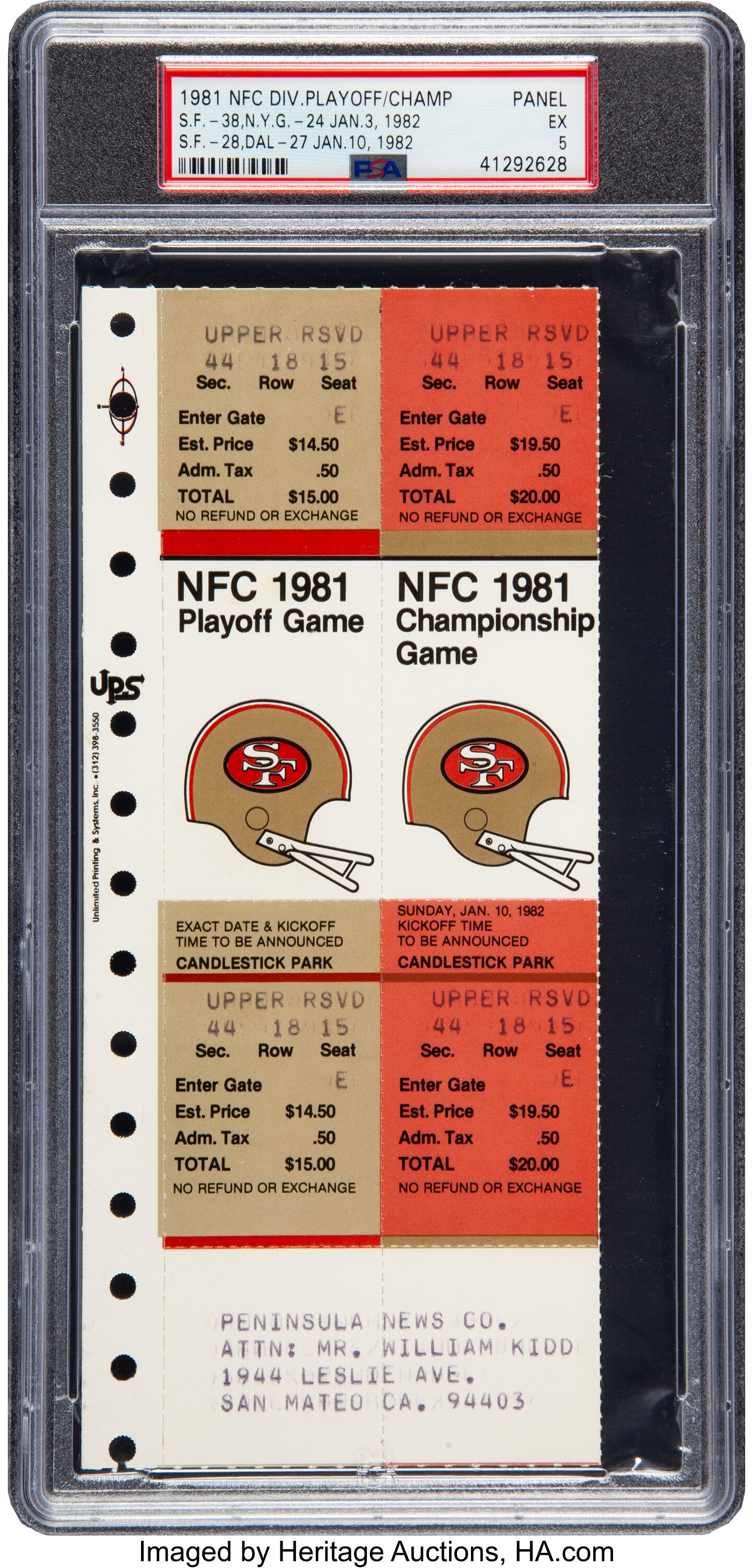 1981 NFC Championship Game The Catch Full Ticket, PSA/DNA EX 5