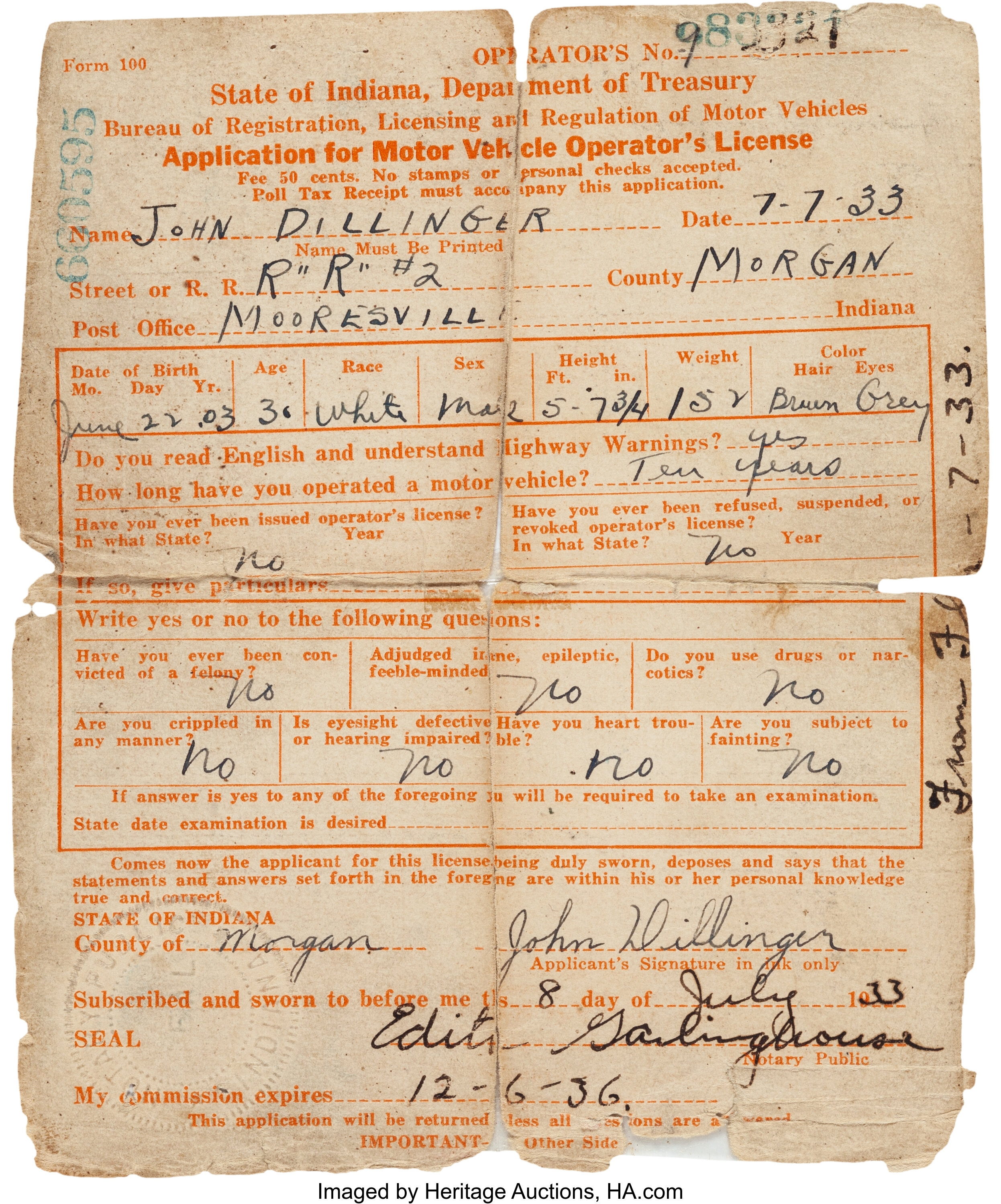 John Dillinger Driver's License Application Signed... (Total: 2 | Lot ...