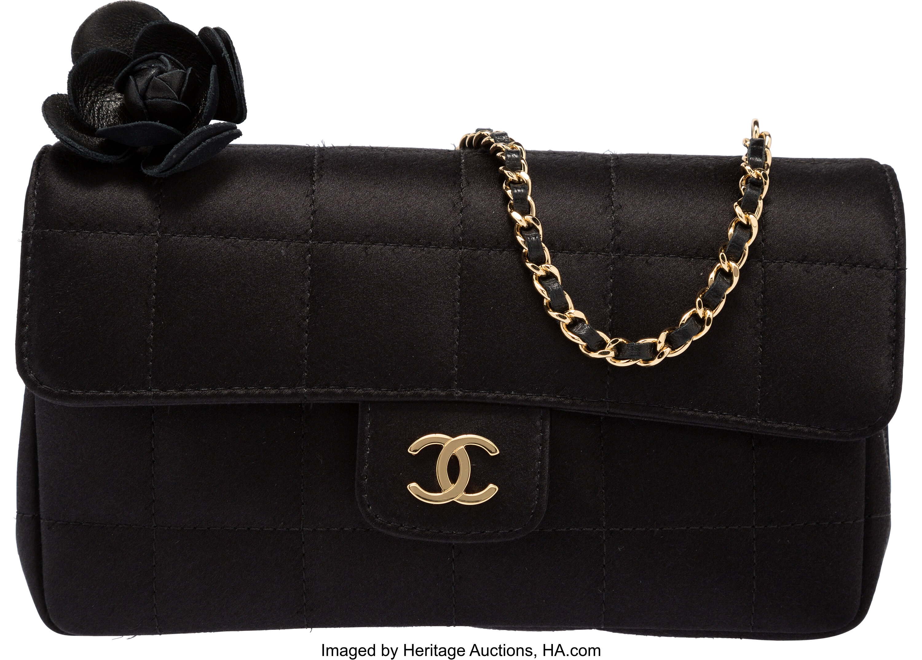 90's CHANEL Black Satin Evening Bag with Large Gold Sculpted Camellia  Flower Clasp & Chain Shoulder Strap!