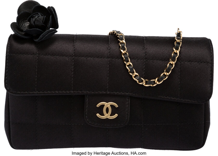Chanel Black Quilted Satin Mini Flap Bag with Camellia Flower and