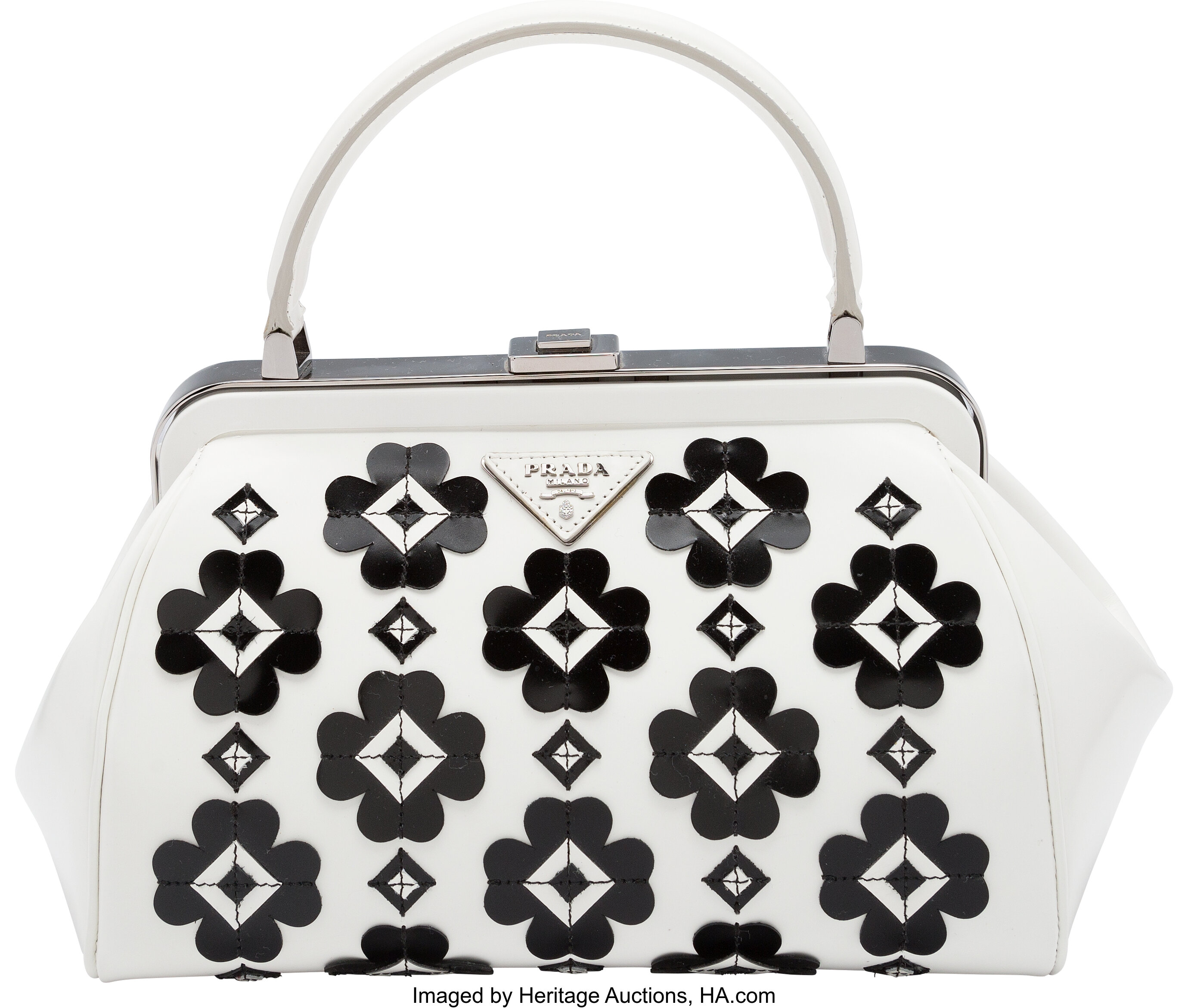 Prada White Leather Bag with Black Flower Accents & Silver | Lot #58500 |  Heritage Auctions