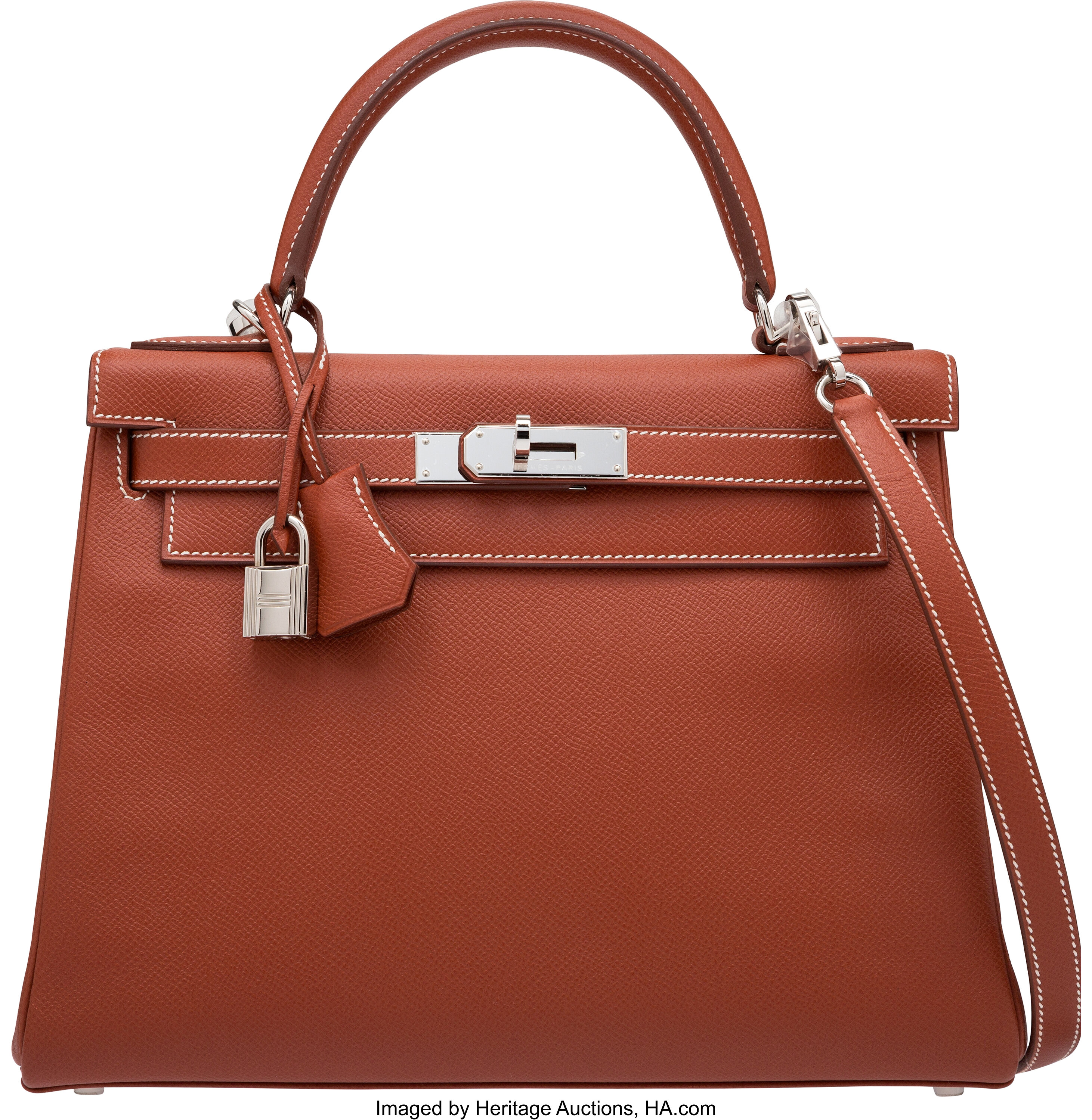 Hermes 28cm Rouge Brique Epsom Leather Retourne Kelly Bag with, Lot #58181