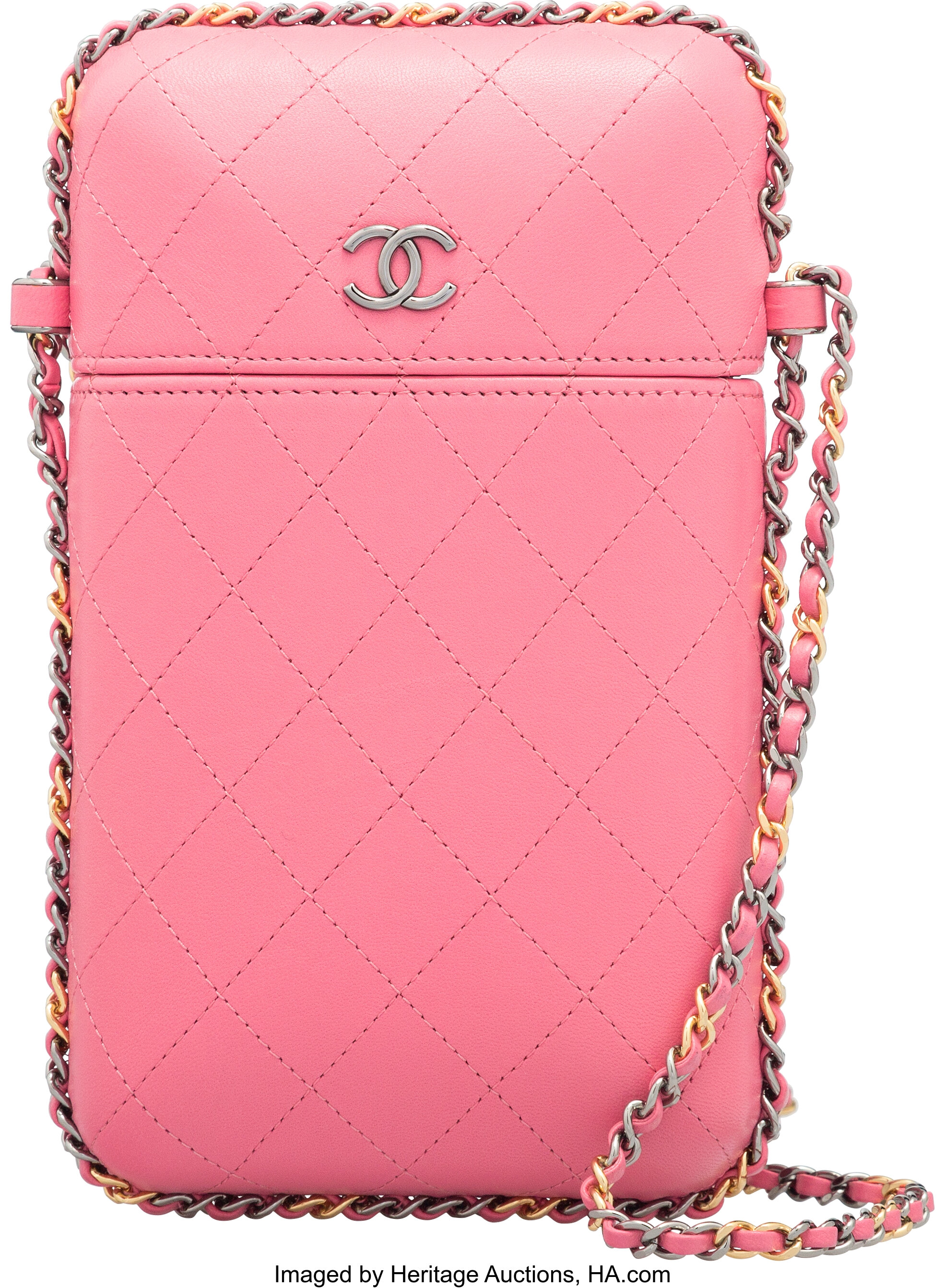 Chanel Pink Quilted Lambskin Leather Chain Around Phone Holder Bag