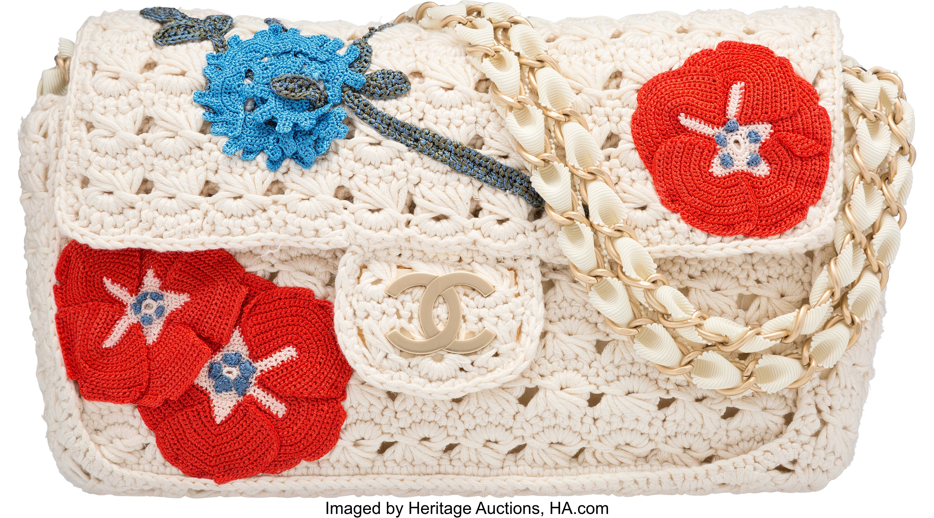 Chanel Limited Edition Beige Crochet Applique Medium Single Flap, Lot  #58039