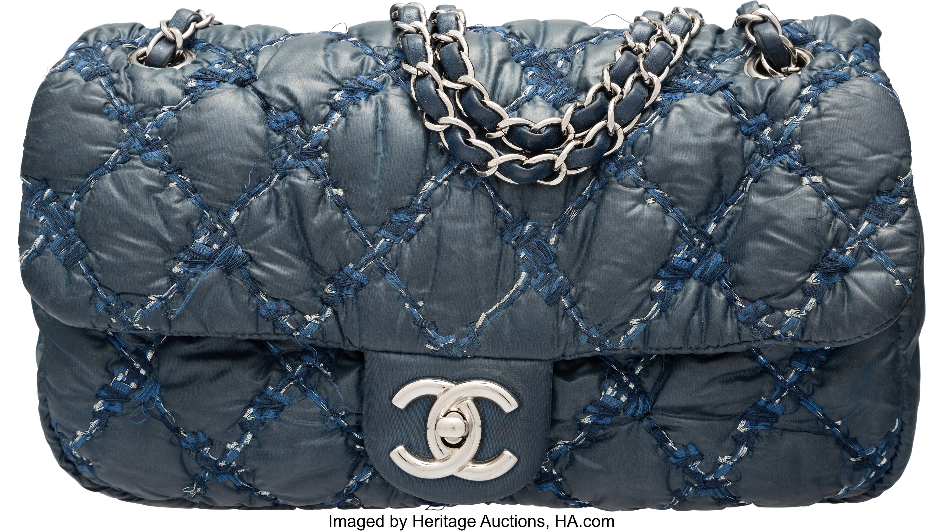 Chanel Blue Quilted Nylon Medium Flap Bag with Silver Hardware