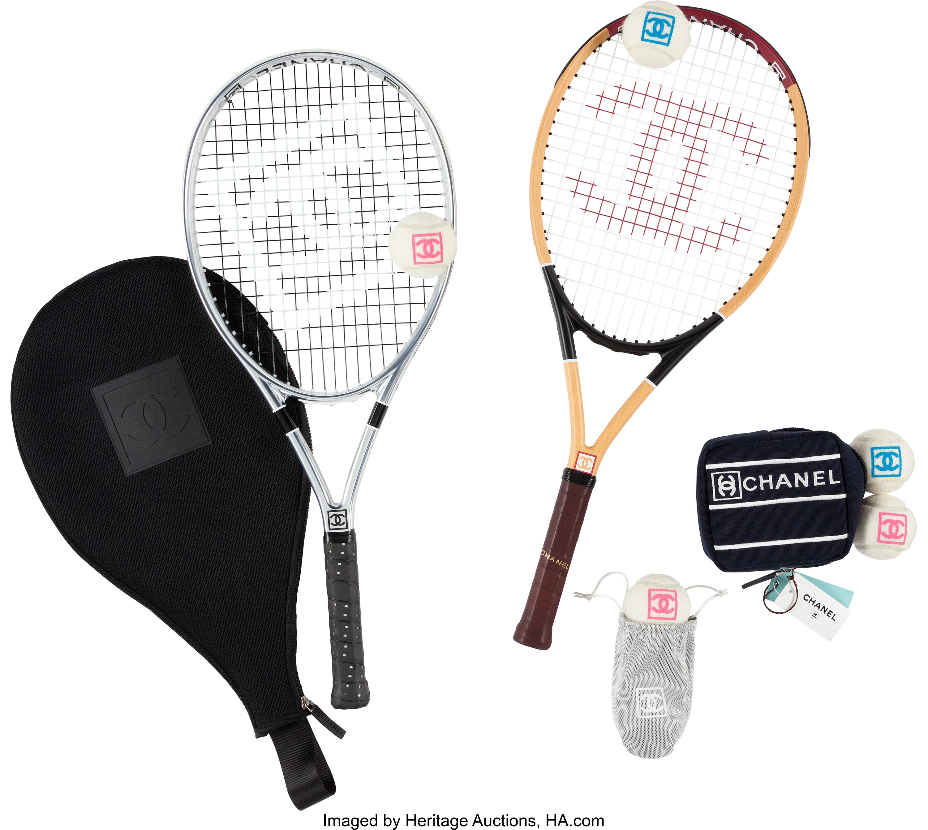 Chanel Set of Eight: Two Tennis Racquets & Six Tennis Balls., Lot #58389