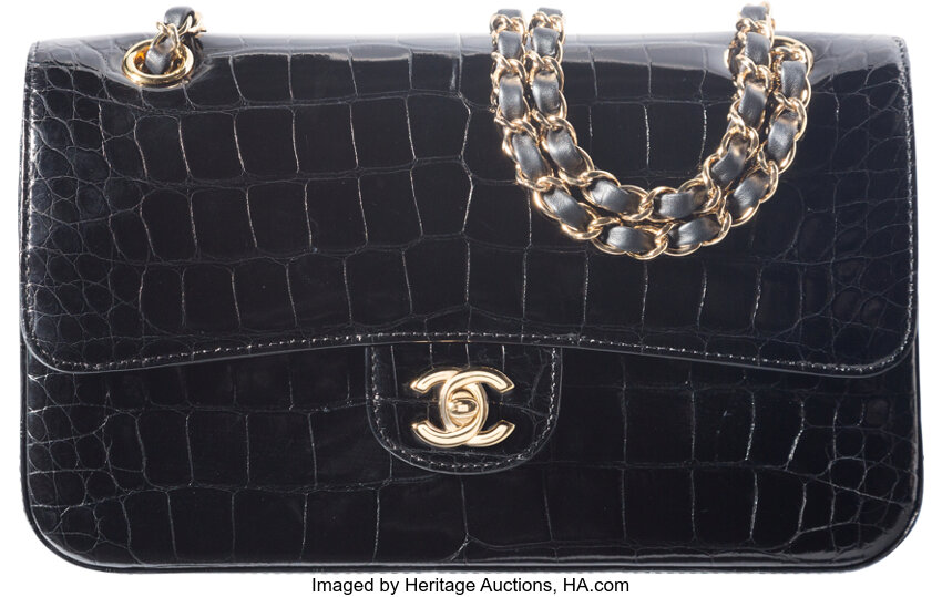 Chanel Shiny Black Crocodile Medium Classic Double Flap Bag with, Lot  #58063