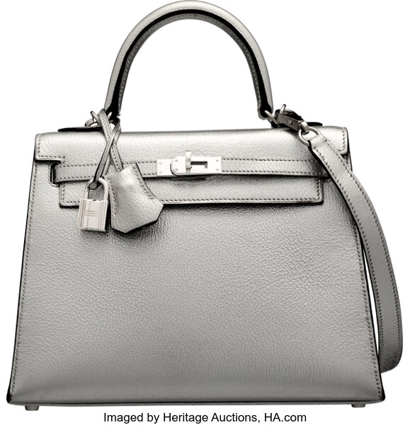 Sold at Auction: Hermes Birkin 25 Bag, Metallic Silver Chevre Leather,  Brushed Palladium Hardware