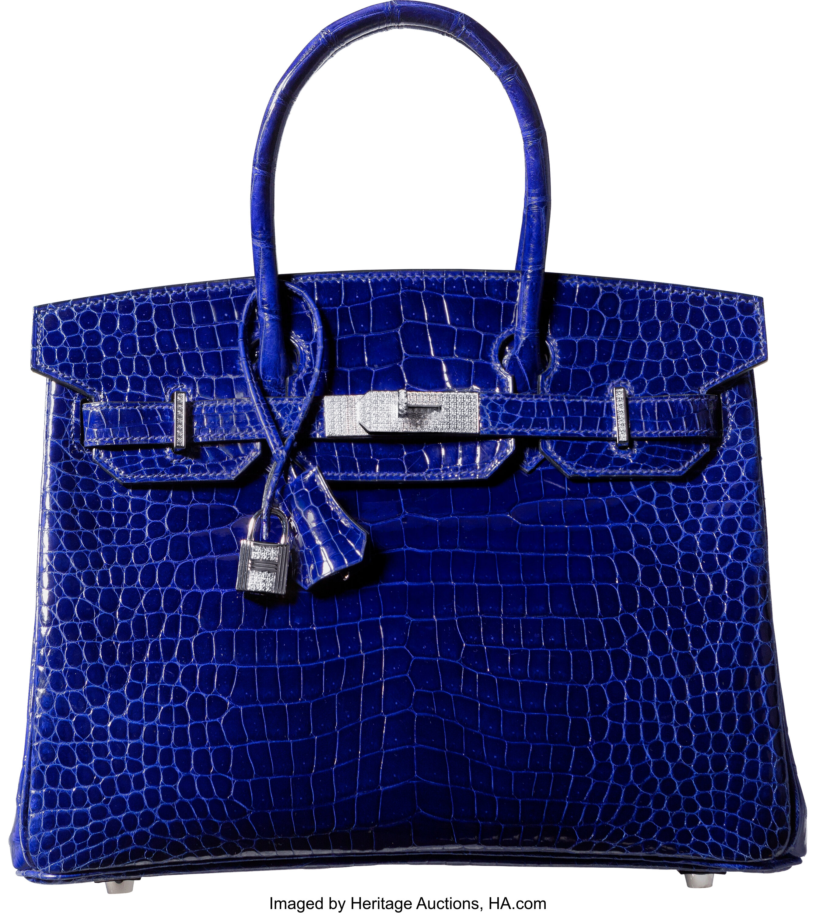 Sold at Auction: Hermes Blue Shiny Niloticus Crocodile Birkin 30