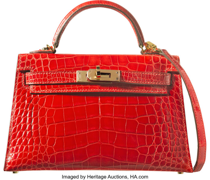 Hermes Mini Kelly 20cm Sellier Rigide Shiny Alligator Crocodile Gold  Hardware, D5 Geranium - H Famous