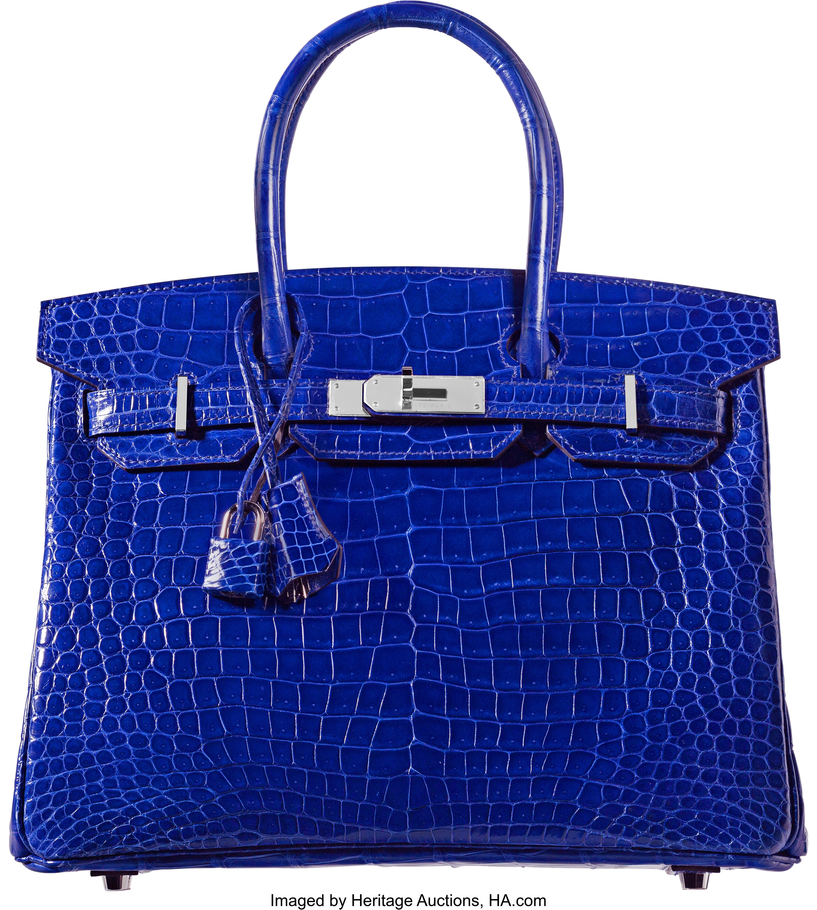 Hermes 30cm Shiny Blue Electric Porosus Crocodile Birkin Bag with | Lot ...