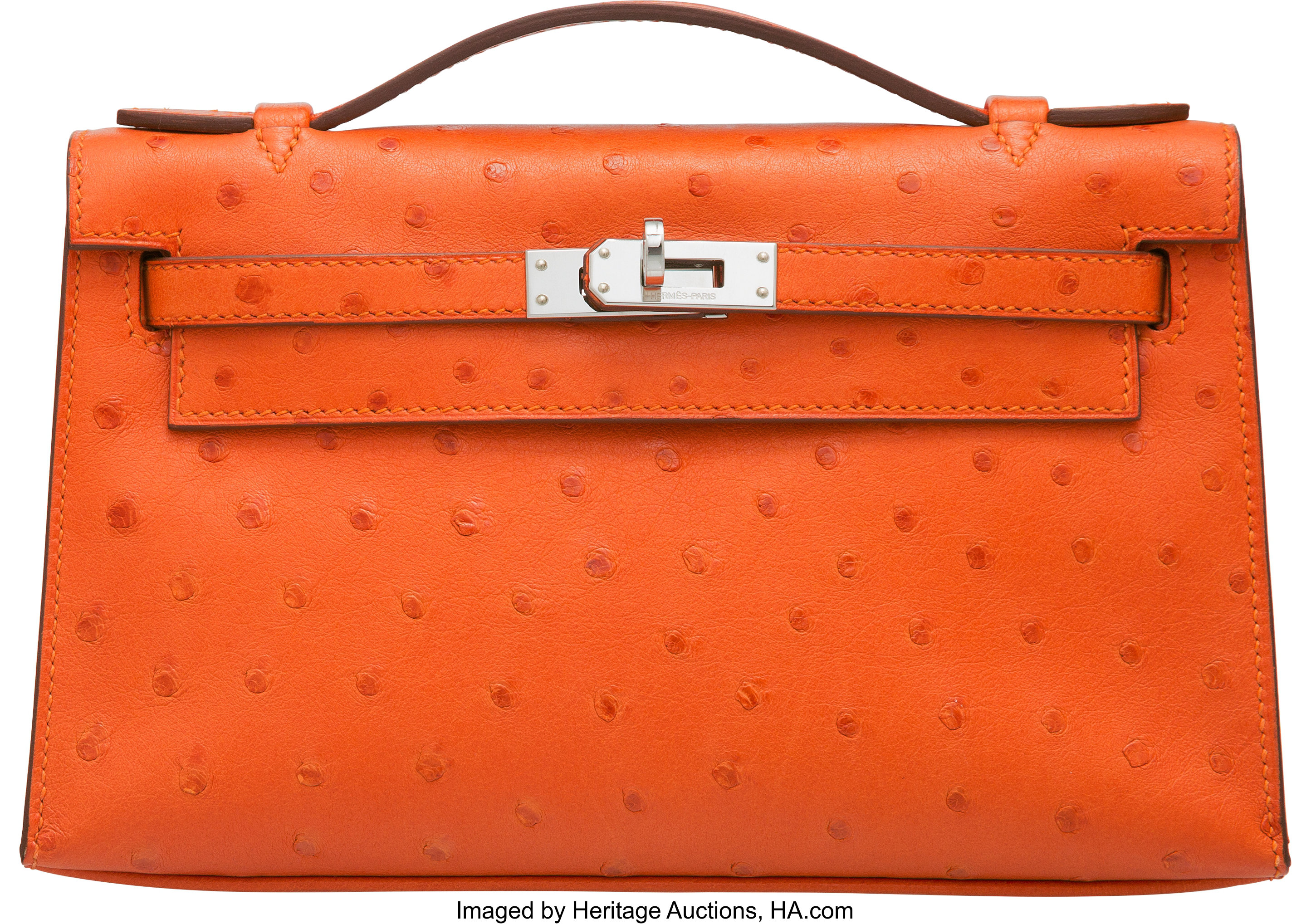 Hermes Tangerine Ostrich Kelly Pochette Bag with Gold Hardware. A