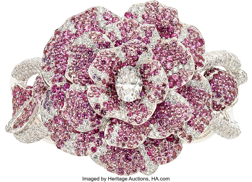 Chanel Diamond & Pink Sapphire 18K White Gold Camelia Bracelet., Lot  #58002