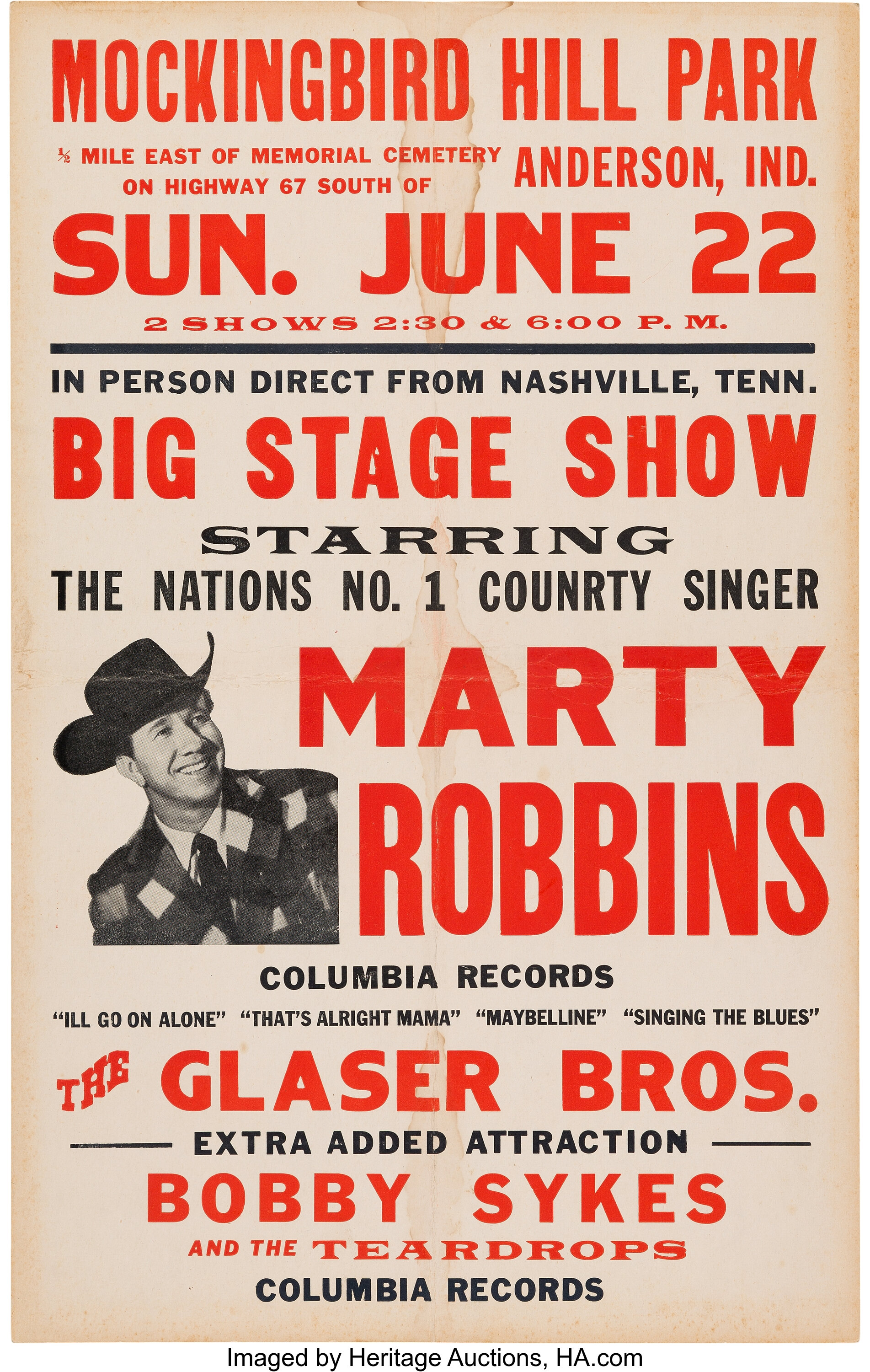 Marty Robbins Mockingbird Hill Park Concert Poster (1958). Rare ...