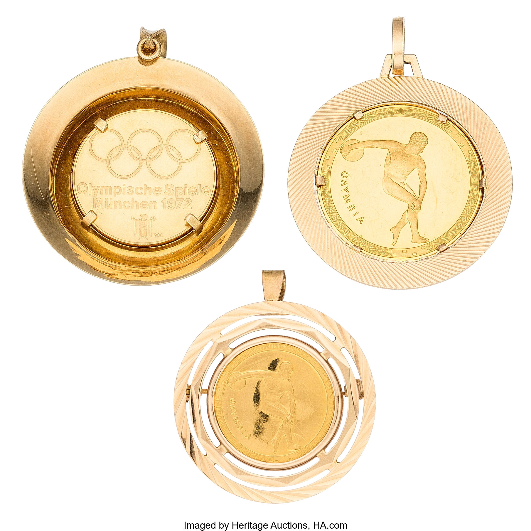 Olympic Gold Coin, Gold Pendants. (Total: 3 Items) Estate