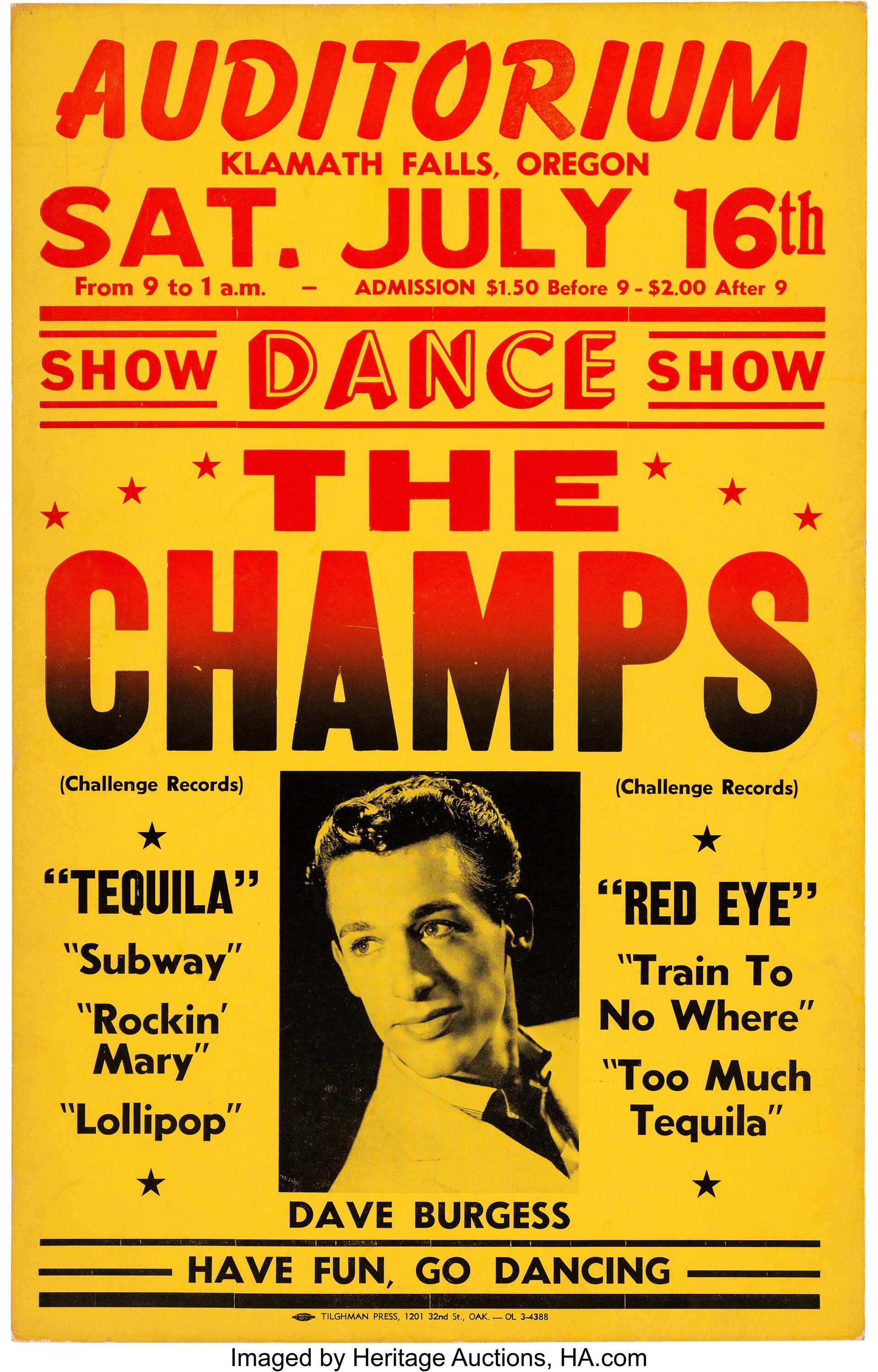 The Champs Auditorium Klamath Falls Concert Poster (1960). Very | Lot ...