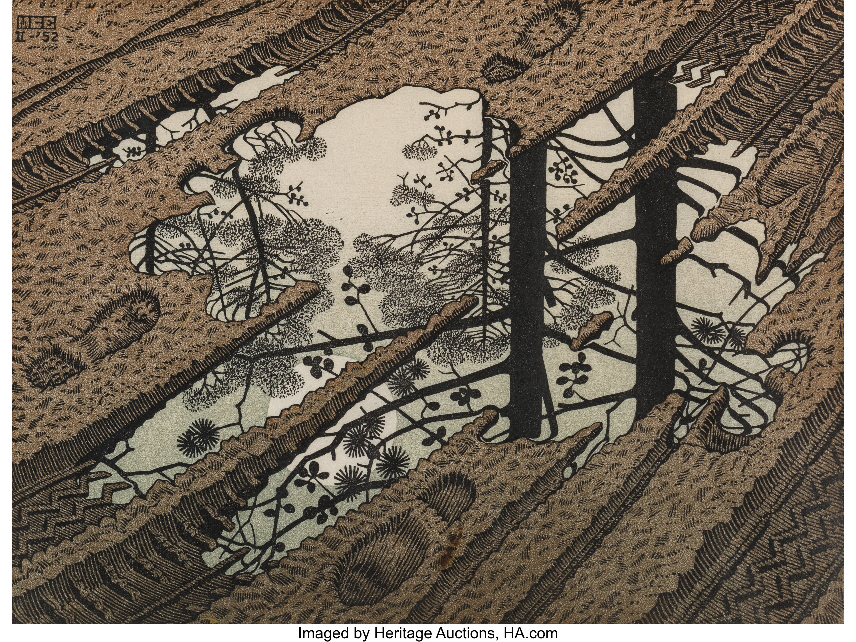 M. C. Escher (1898-1972). Puddle, 1952. Woodcut in colors on thin | Lot  #60036 | Heritage Auctions