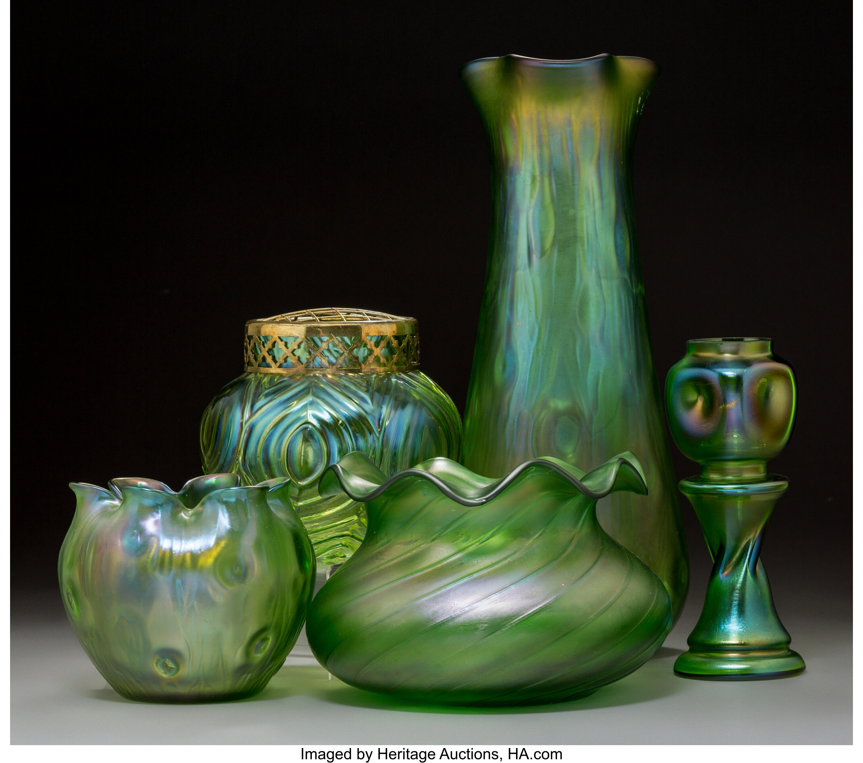 Five Austrian Iridescent Green Glass Vases Early 20th Century Ht