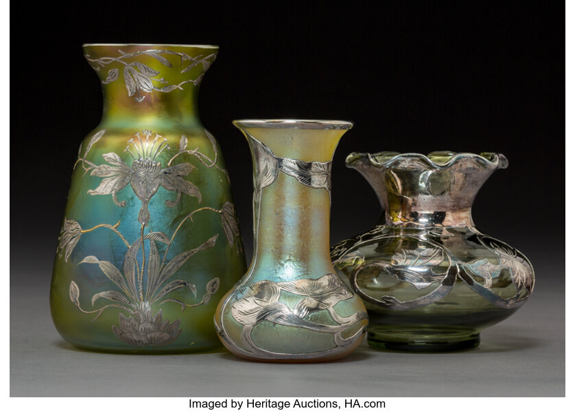 Three Austrian Glass Cabinet Vases With Silver Overlay Circa