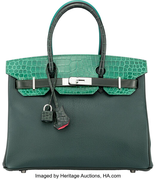 Tuesday Find: Birkin 30 Patchwork Vert Fonce Vert Titen Emerald Chevre  Clemence Box Calf Porosus Crocodile with Palladium Hardware.