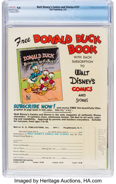 Golden Age (1938-1955):Cartoon Character, Walt Disney's Comics and Stories #137 (Dell, 1952) CGC NM 9.4 White pages....