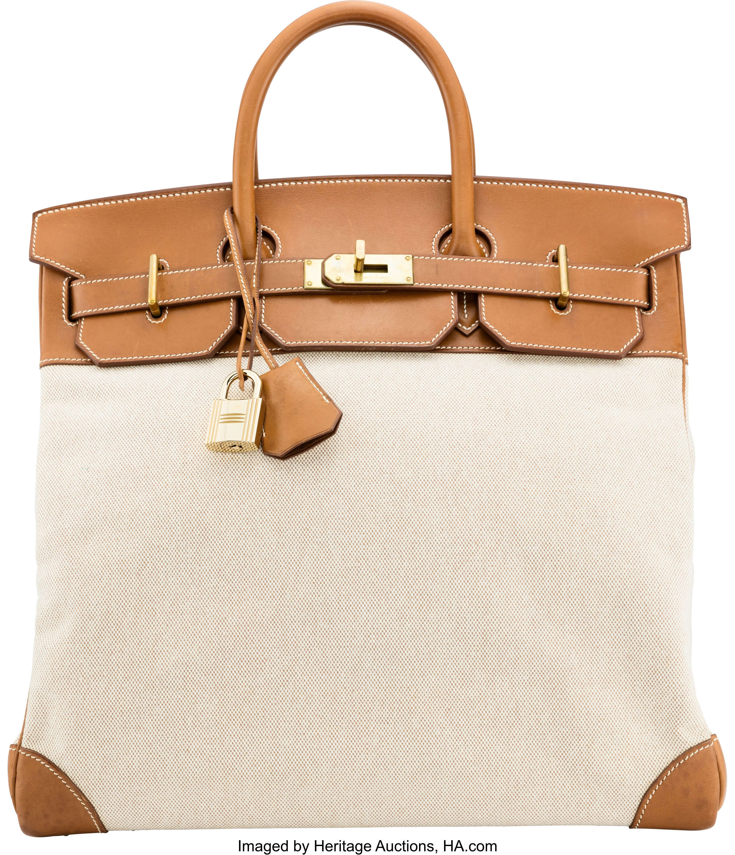 Hermès 40cm Fauve Barenia Leather & Toile HAC Birkin Bag with Gold