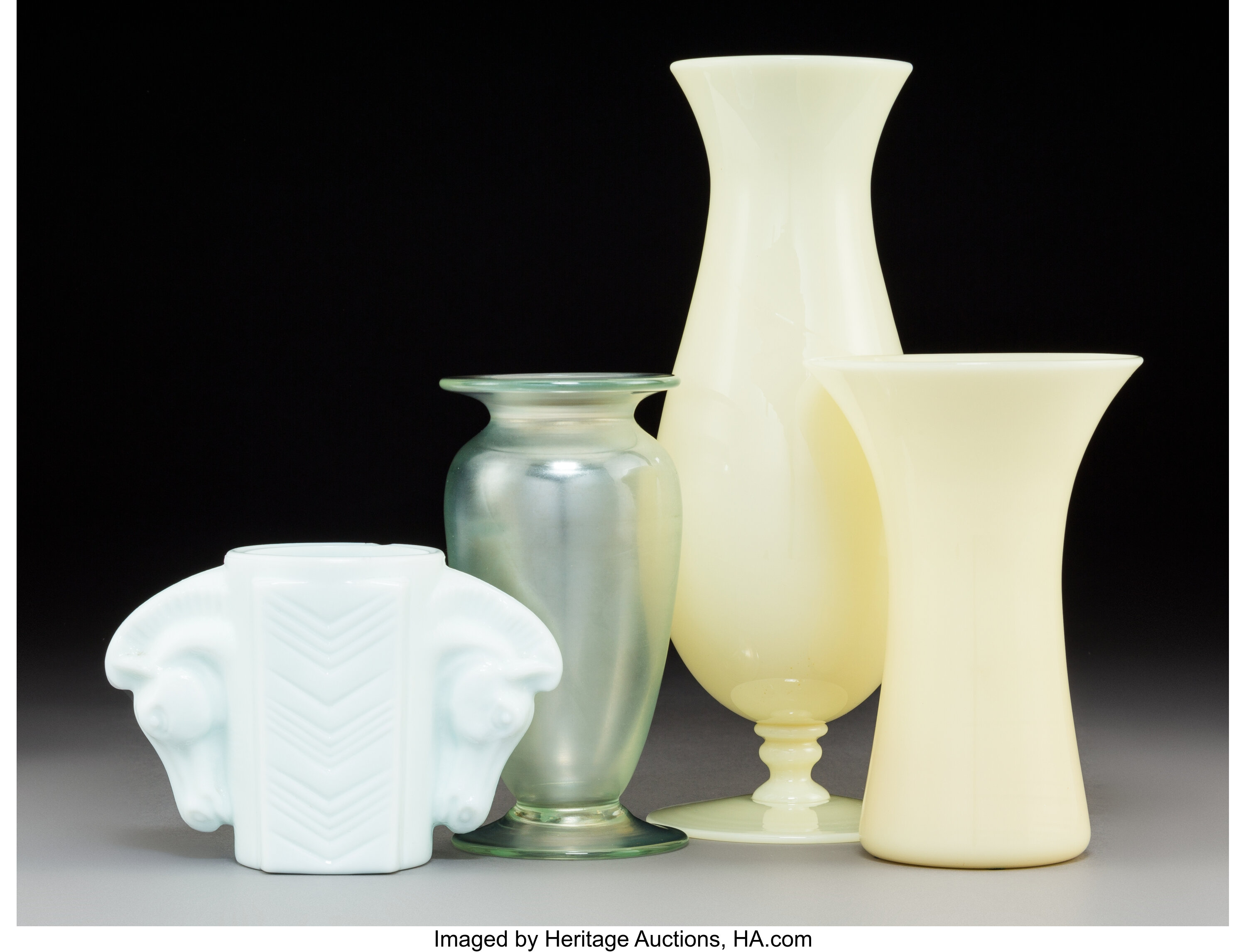 Three Steuben Glass Vases With Macbeth Evans Milk Glass Vase