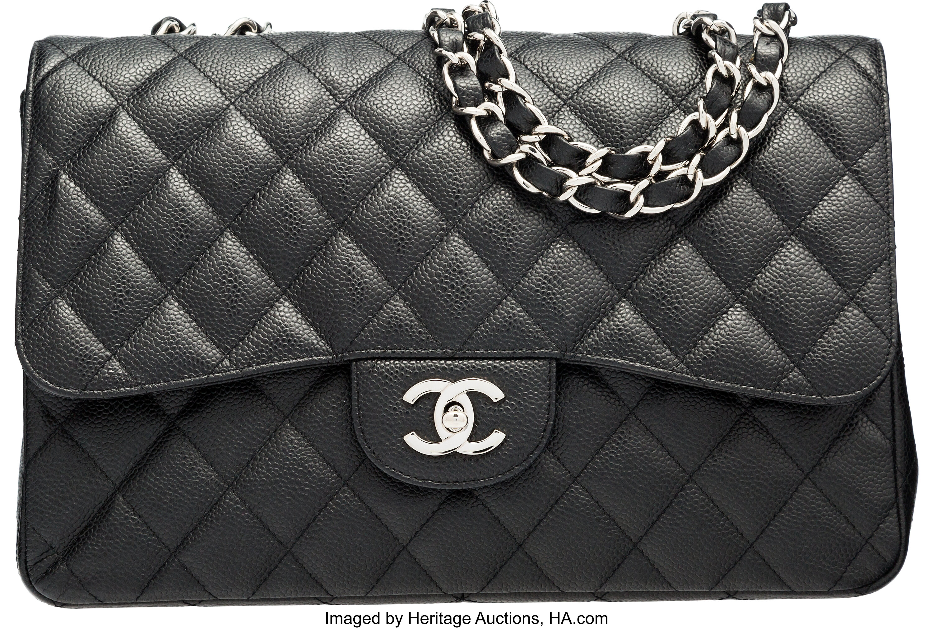 Chanel Black Quilted Caviar Leather Jumbo Single Flap Bag with, Lot #58121