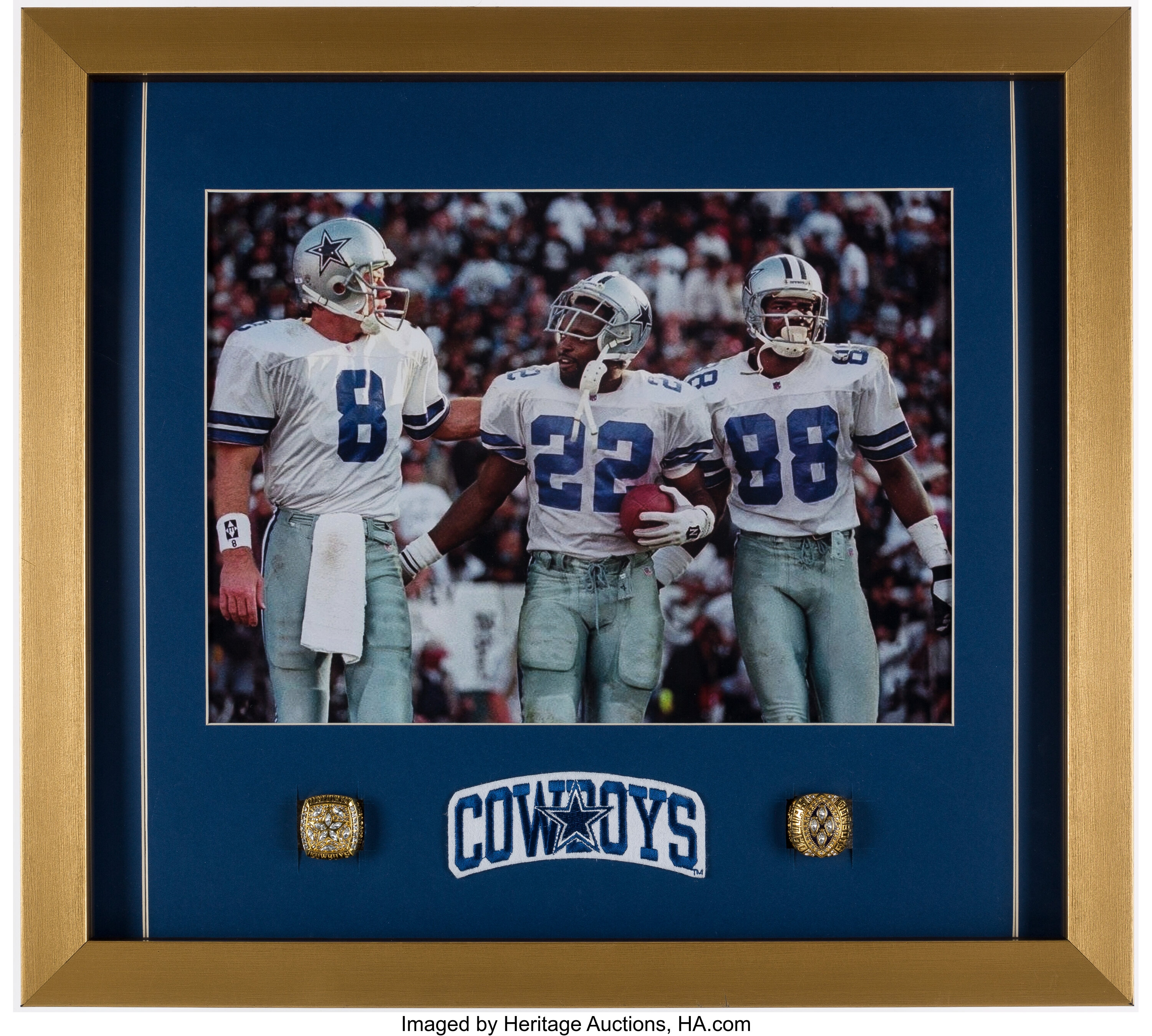 Troy Aikman, Emmitt Smith, and Michael Irvin Autographed Framed Triplets  Cowboys Jersey