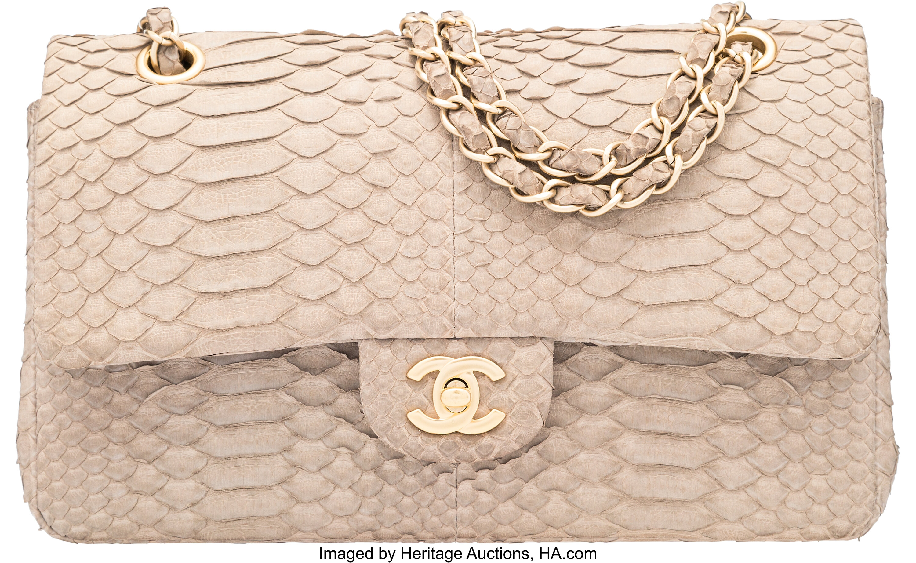 Chanel Beige Python Medium Double Flap Bag with Gold Hardware., Lot #58067