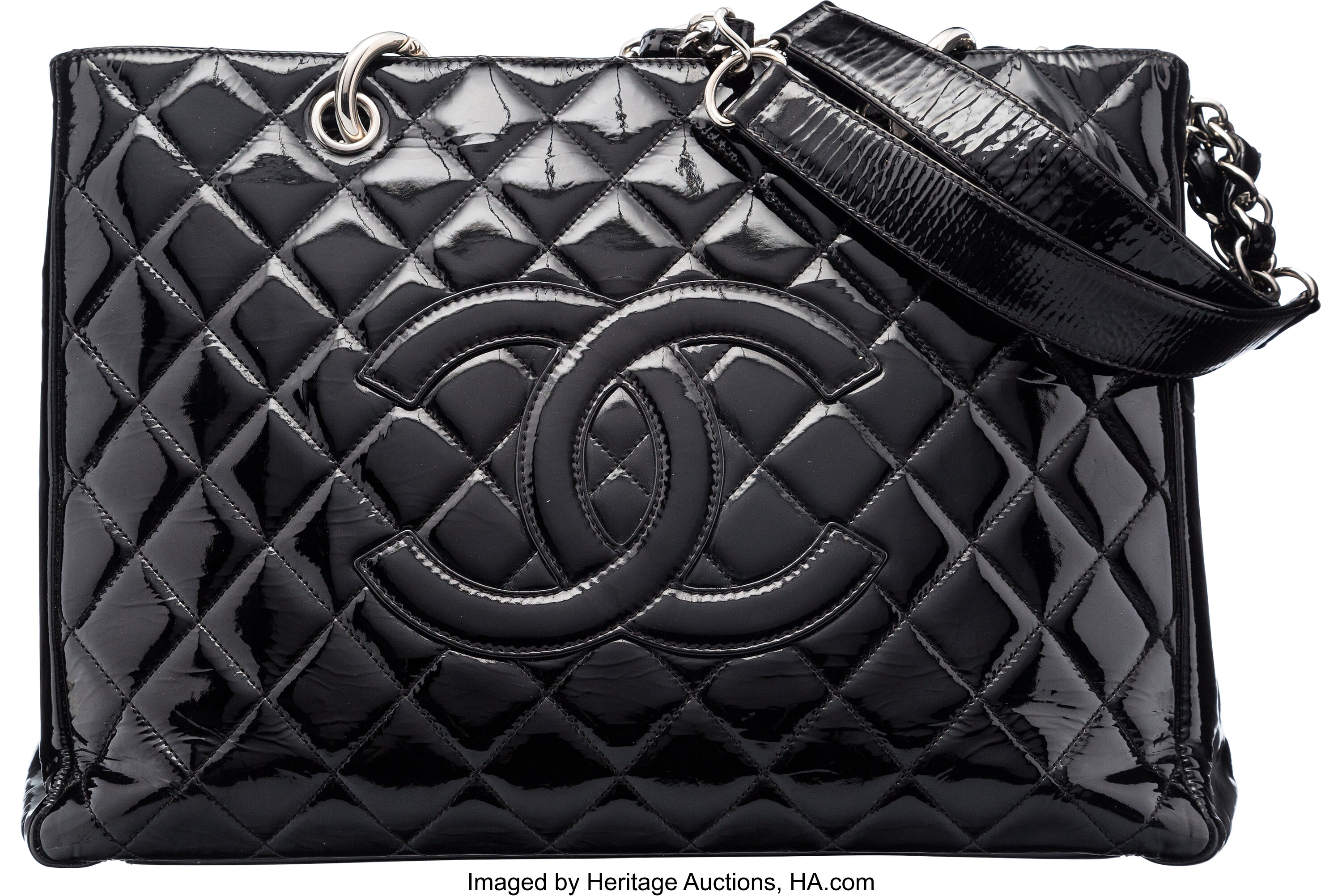 Chanel Black Quilted Patent Leather Grand Shopping Tote Bag with, Lot  #58110