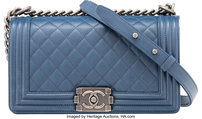 Chanel Dark Blue Quilted Caviar Leather Medium Boy Bag with, Lot #58151