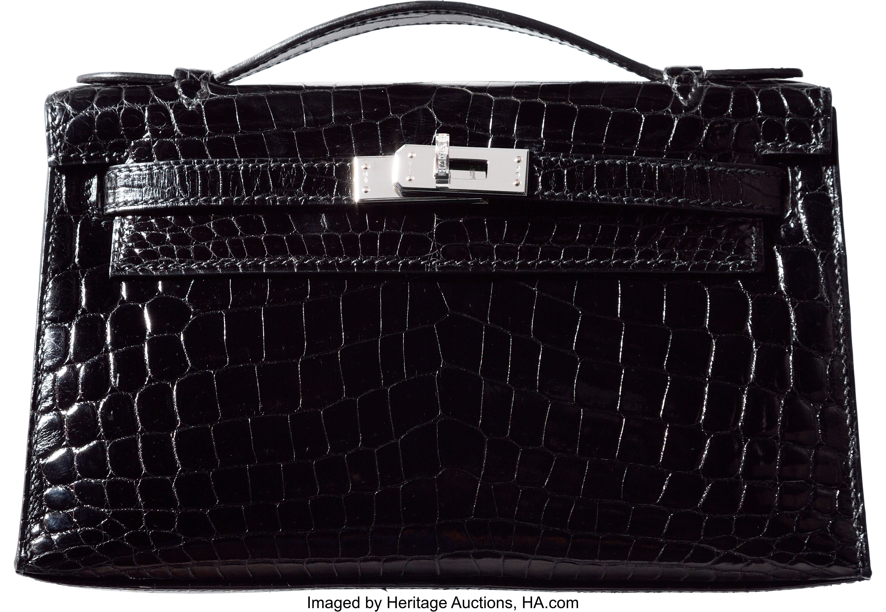 Hermès Shiny Black Niloticus Crocodile Kelly Pochette 18k White Gold & –  FashionsZila